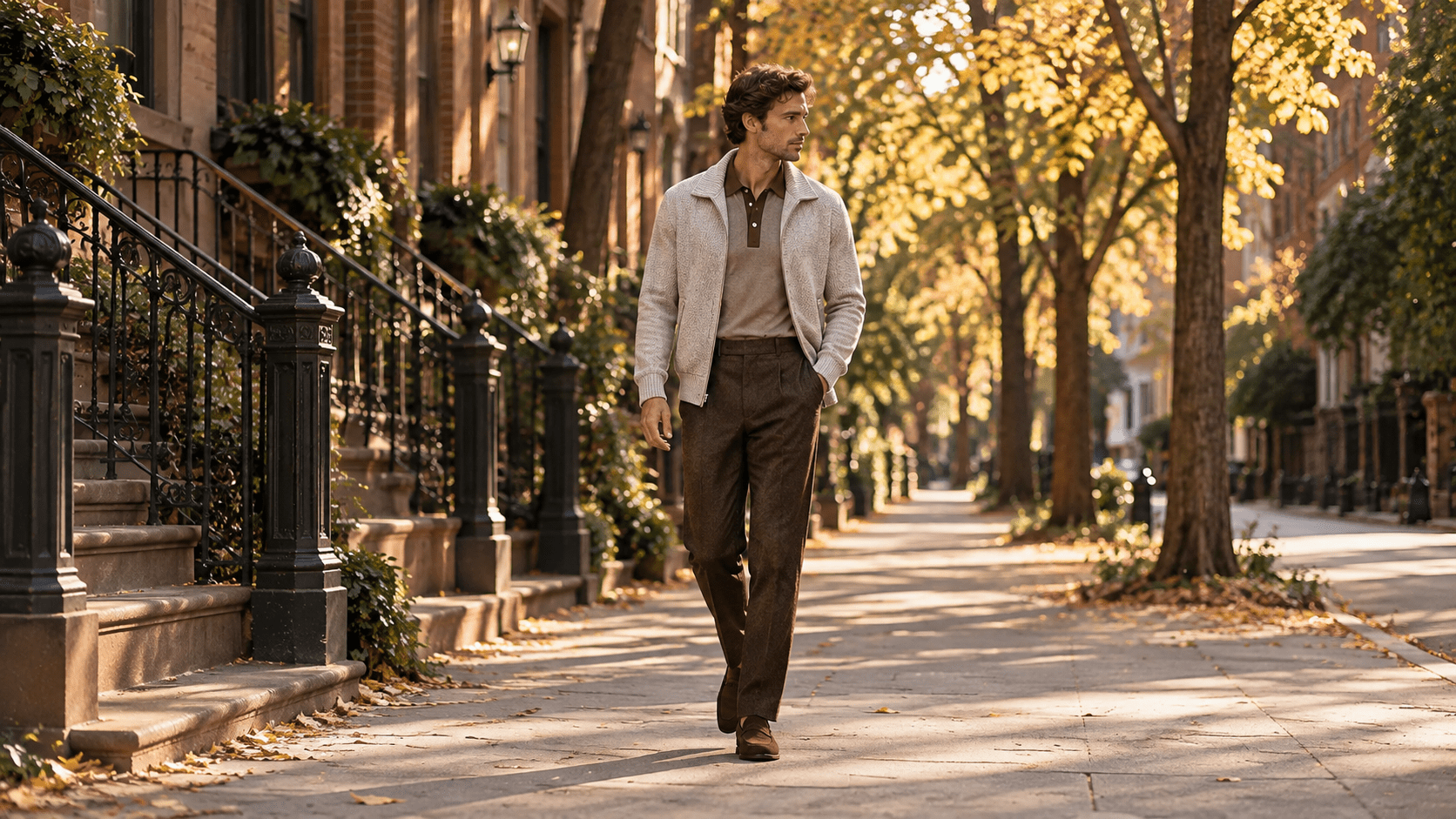 A man in the Gorvèle chevron-knit zip jacket and tipped merino polo, walking a tree-lined West Village street in autumn light